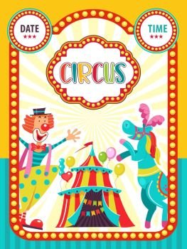 Circus artist. Circus animals. Poster of a circus show. Vector clipart. Circus horse and clown invite you to the circus.
