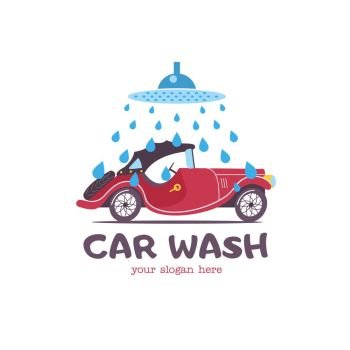 Car wash emblem. Vector illustration in cartoon style. Small passenger retro car in the  drops of water on the wash.