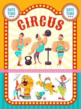 Circus artist. Circus animals. Poster of a circus show. Vector clipart. Strongman show muscles. In the programme of the circus show, funny clown, the trainer of lions and tigers.