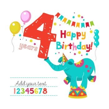 Happy birthday! Greeting template. Set of vector holiday elements and numbers. Circus elephant juggler keeps the figure four.
