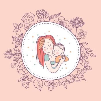 Greeting card mother’s day. A pretty mother holds cute baby. Linear illustration. Vector emblem. The floral pattern.