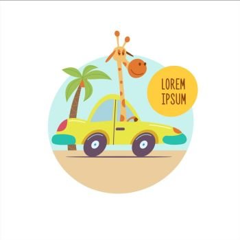 Giraffe rides in a vintage car among the palm trees. Beautiful journey Safari in Africa. Vector illustration. Isolated on a white background.