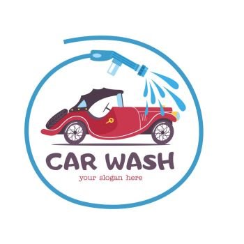 The emblem of the car wash. Vector illustration in cartoon style. Small retro car at the car wash, the emblem in the circle formed by the hose with water.