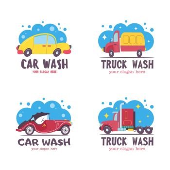 Set of emblems of a car wash. Vector illustration in cartoon style. The car in foam and water droplets.