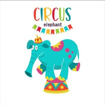 Circus artist. Circus animals. A trained circus elephant. The elephant stands on a pedestal. Vector illustration. Isolated on a white background.