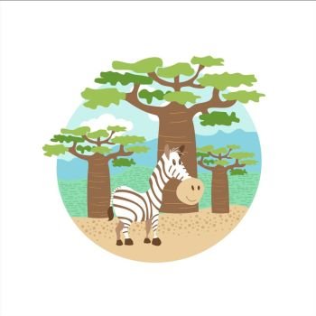 Africa. Animals and nature of Africa. Cute Zebra standing in the background of baobabs. Vector illustration. Isolated on a white background.