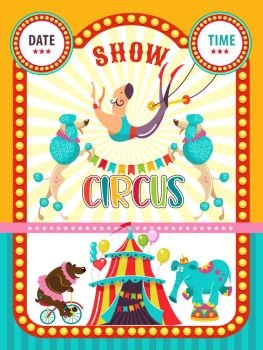 Circus artist. Circus animals. Poster of a circus show. Vector clipart. Circus trained elephant and a bear on a Bicycle, I invite you to the circus. In the program, performing poodles and aerial acrobat.