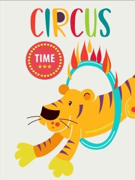 Circus artist. Circus animals. Poster of a circus show. Vector clipart. An invitation to a circus show. The highlight of tiger jumping through a ring of fire.