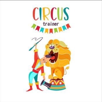 Circus artist. The lion tamer puts his head in the lion’s mouth. Circus lion sitting on a pedestal. Vector illustration. Isolated on a white background.