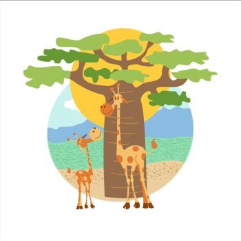 The African animals. Two giraffe, big and small stand near the baobab. Vector illustration. Isolated on a white background.