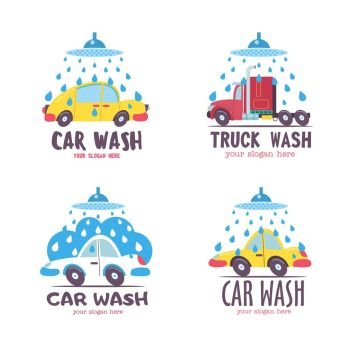 Set of emblems of a car wash. Vector illustration in cartoon style. The car in foam and water droplets.
