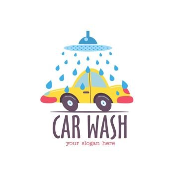 Car wash emblem. Vector illustration in cartoon style. Small passenger car in the  drops of water on the wash.
