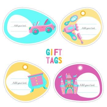 A set of tags. The labels of toys for girls. Pink convertible, a fairytale castle, a toy chest of drawers, Hairdryer, mirror, hairbrush.