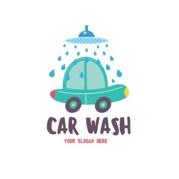 Car wash emblem. Vector illustration in cartoon style. Small passenger car in the  drops of water on the wash.