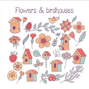 A large set spring clipart. Spring flowers, leaves, branches, birdhouses. Isolated on a white background.