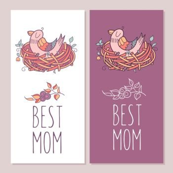 Greeting cards for mothers day. The best mom. Mama bird sits in the nest. Vector illustration.