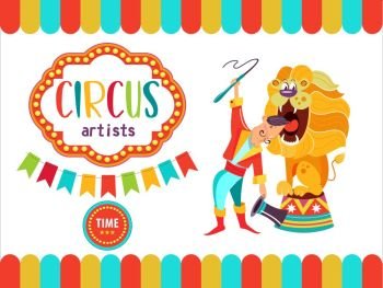 Circus. Circus poster, invitation, flyer. Vector illustration. Circus performance. Circus lion and tamer. Tamer sticks his head in the lion’s mouth.