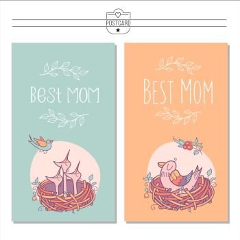 Set greeting cards mothers day. The inscription the Best mom. The bird sits in the nest. The bird flies to its Chicks in the nest. Vector illustration.