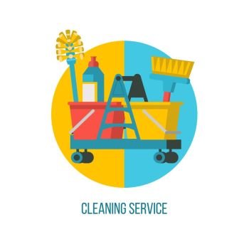 Cleaning service. Flat vector illustration. Professional cleaning of premises. Trolley with cleaning supplies.