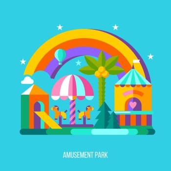 Amusement Park, roundabout.  Vector illustration. Summer holiday.  A set of cliparts in flat style.