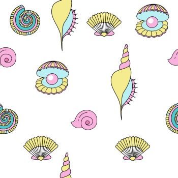 Seamless pattern of seashells and pearls. Vector illustration.