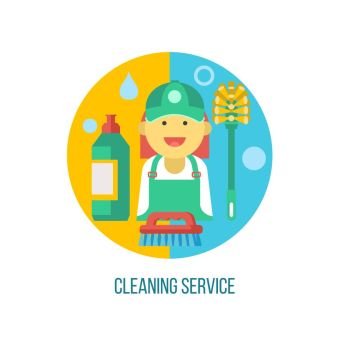 Cleaning service. Flat vector illustration, emblem. Professional cleaning of premises. Set of vector cliparts isolated on white background. Cleaning lady, cleaner, toilet brush.