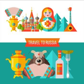 Welcome to Russia. Travel to Russia. Set of clipart Russian traditional items. Russian souvenir. Vector illustration.