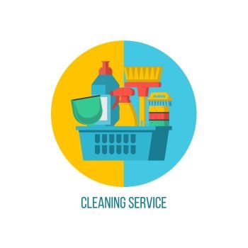 Cleaning service. Set of cleaning products in a plastic basket. Flat vector illustration, emblem. Isolated on white background.