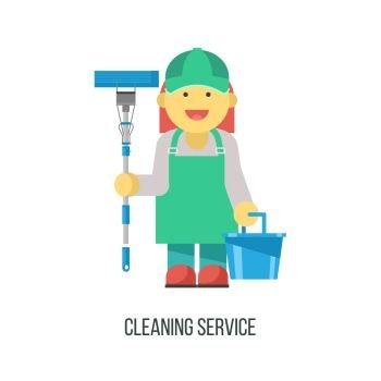 Cleaning service. Flat vector illustration. Professional cleaning of premises. Cleaning lady with MOP and bucket in hand.