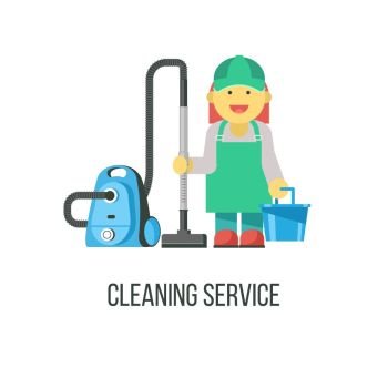 Cleaning service. Flat vector illustration. Professional cleaning of premises. The cleaning lady with the vacuum cleaner and a bucket in his hand.