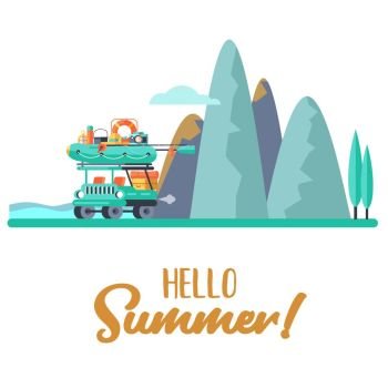 Camping. A trip out of town and car. Summer outdoor recreation. Stay in a tent, fishing, outdoor games. Mountain landscape. Vector illustration.