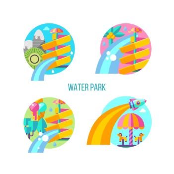 Water park. Set of vector emblems, logos. Water slide. Summer holiday. Amusement Park with roundabout.