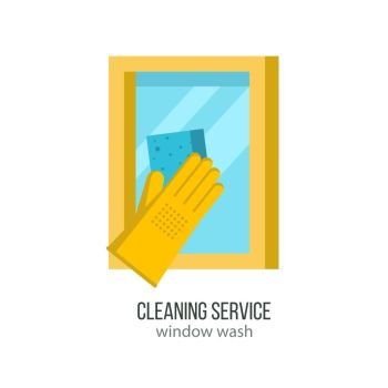 Cleaning service. Professional window cleaning. Hand in rubber glove with sponge washes the window.  Flat vector illustration, emblem. Isolated on white background.