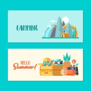 Camping. A trip out of town on nature.  Summer outdoor recreation. Stay in a tent, fishing, outdoor games. Mountain landscape. Vector illustration.