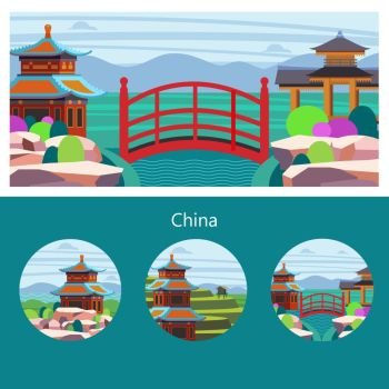 China. Vector illustration.. Magnificent, magical China. Vector illustration of emblem with place for text. Beautiful scenery, Chinese traditional houses. Chinese red bridge.