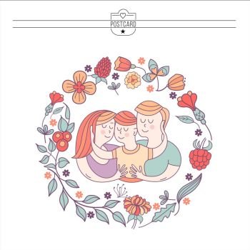 Happy family.  Vector illustration.. Happy family. International holiday Family Day. Vector illustration, greeting card. Mom, dad and son. Flower frame.