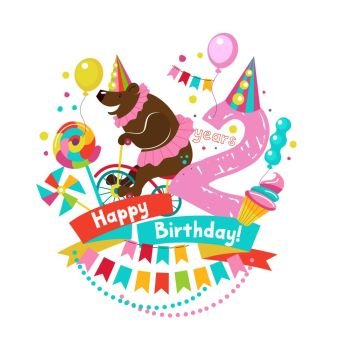 Congratulations on your birthday. Invitation to a festive party.. Congratulations on your birthday. Invitation to a festive party. 2 years from the date of birth.  Bright colorful clipart. Vector illustration.