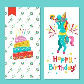 Congratulations on your birthday. Invitation to a festive party.. Congratulations on your birthday. Invitation to a festive party. Funny circus horse and a birthday cake.  Bright colorful clipart. Vector illustration.