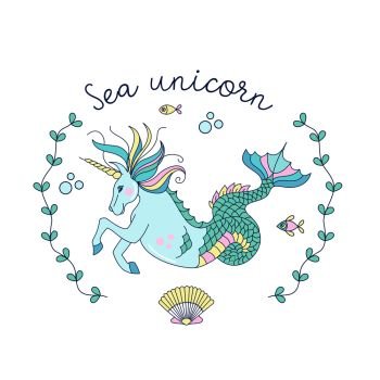 Mythological creature. The sea unicorn. Horse with a horn and a . Mythological creature. The sea unicorn. Horse with a horn and a fish tail. Vector illustration.
