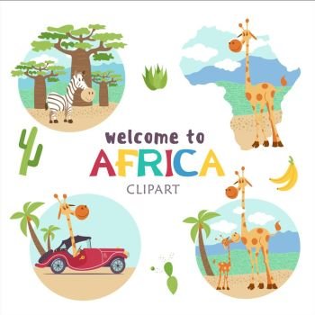 African cartoon animals. . Africa. African cartoon animals. Set of cute illustrations, icons. Giraffes and zebras.  Welcome to Africa, vector illustration.