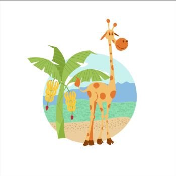 African cartoon animals. . African giraffe near banana trees. Vector illustration. The African flora and fauna. Isolated on white background.