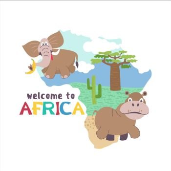 African cartoon animals. . A silhouette of Africa with African animals and trees. Elephant, Hippo and baobab. Welcome to Africa. Vector illustration.
