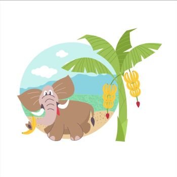 African cartoon animals. . African elephant near the banana trees. Vector illustration. The African flora and fauna. Isolated on a white background.