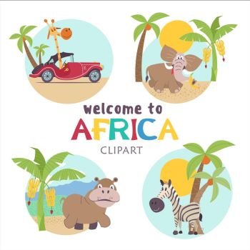 African cartoon animals. . Africa. African cartoon animals. Set of cute illustrations, icons. Giraffes, elephants and zebras.  Welcome to Africa, vector illustration.