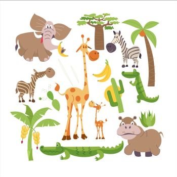 African cartoon animals. . Africa. African cartoon animals. A set of cute clipart flora and fauna of Africa. Giraffe, elephant, palm, Hippo, crocodile, banana, cactus, baobab.