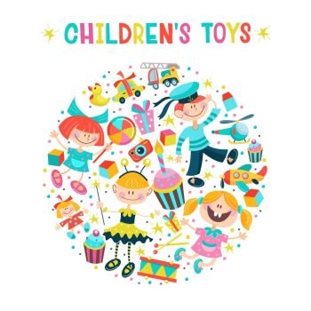 A set of childrens toys. Vector illustration. Vector illustration with children and childrens toys oriented in a circle. Big collection of cliparts cartoon toys. Isolated on a white background.