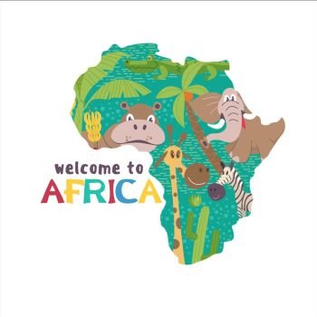 African cartoon animals. . A silhouette of Africa with African animals and trees. Elephant, Hippo, giraffe, palm trees, cactus.  Welcome to Africa. Vector illustration.