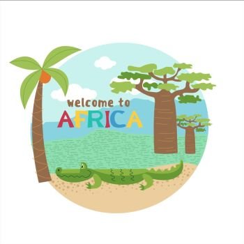 African cartoon animals. . African crocodile near coconut tree and baobab.  Vector illustration. The African flora and fauna. Isolated on a white background.