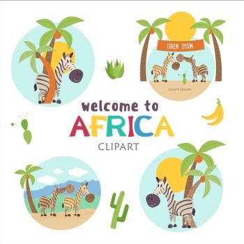 African cartoon animals. . Africa. African cartoon animals. Set of cute illustrations, icons. Nice zebras among the palm trees.  Welcome to Africa, vector illustration.