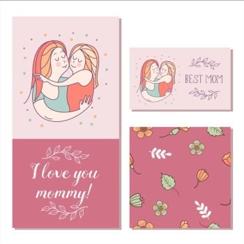 Greeting card mother’s day. The best mom. A pretty mother holds . Greeting card mother’s day. The best mom. A pretty mother holds cute baby. Linear illustration. Vector emblem. The floral pattern.